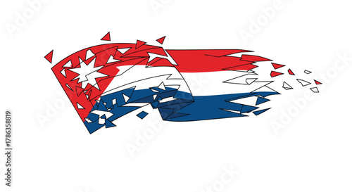 Stylized flag-like object in red, white, and blue, shattering into fragments, suggesting conflict or dynamic patriotism.