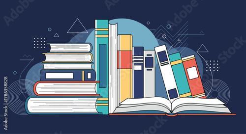 Stack of books alongside an open book, on a dark background with abstract geometric shapes, representing knowledge.