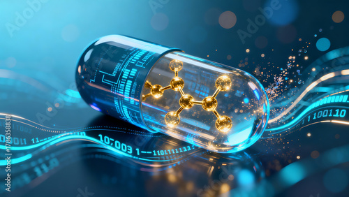 Cyberpunk Micro Tech Transparent Capsule Glowing Molecules AI Biopharmaceutical