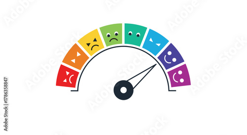 Emotional gauge with a needle pointing to a colorful spectrum of faces, representing mood or customer satisfaction.