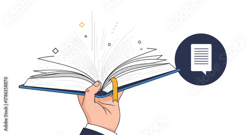 Hand holding an open book, with light radiating and a chat bubble with a document icon, representing knowledge sharing.