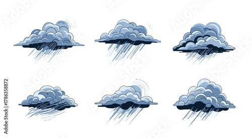Various weather conditions illustrated through six distinct cloud designs, all depicting different rain intensities.