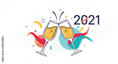 Two champagne glasses clinking together, with "2021" and abstract celebratory shapes, representing New Year's toast.