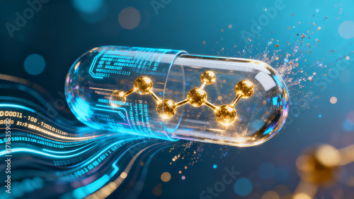 Cyberpunk Micro Tech Transparent Capsule Glowing Molecules AI Biopharmaceutical