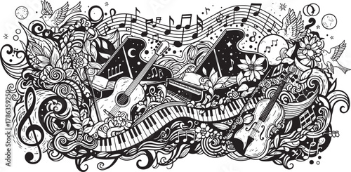 Black and White Doodle Art: Artistic Expression with Piano, Cello, and Guitar
