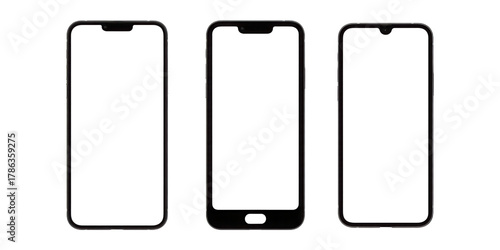 Three modern smartphones with blank screens, mobile technology concept