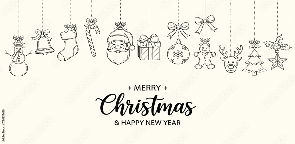 Fototapeta premium Minimalist hand-drawn illustration of hanging Christmas ornaments and decorations with a festive holiday greeting on a light background