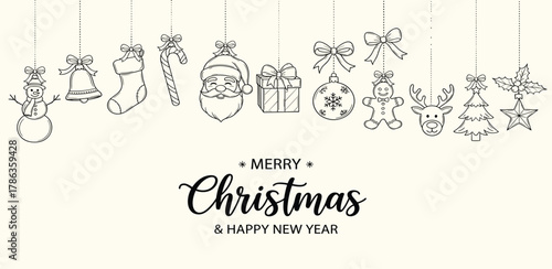 Minimalist hand-drawn illustration of hanging Christmas ornaments and decorations with a festive holiday greeting on a light background