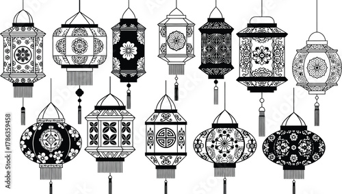 A collection of ornate, decorative paper lanterns hang in a row against a white background.