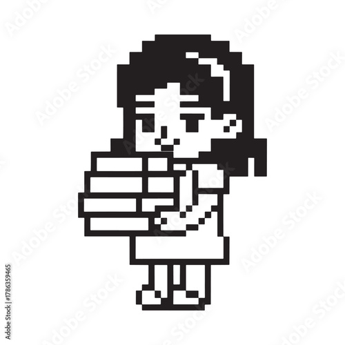 Pixel art girl holding stack of books