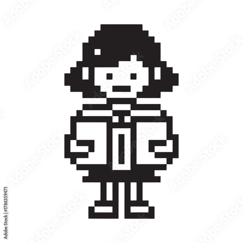 Pixel art character with black hair and white jacket