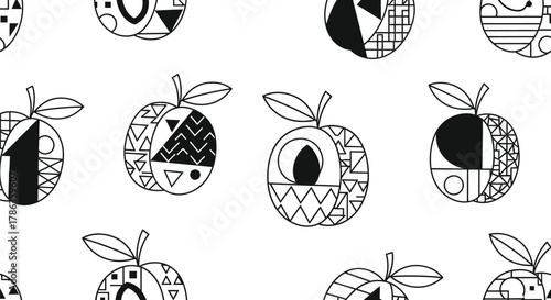 A repeating pattern of stylized apples filled with geometric shapes and line art.