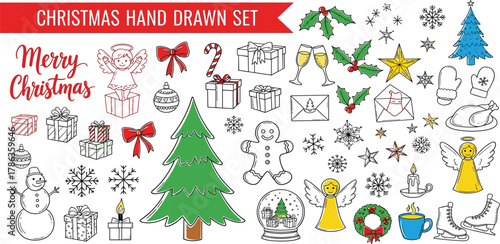 Christmas Hand-Drawn Set Festive Illustrations with Angels, Snowflakes, and Gifts for the Holiday Season