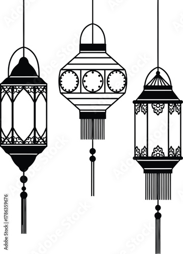 Three decorative lanterns hang suspended against a white background, creating a festive ambiance.