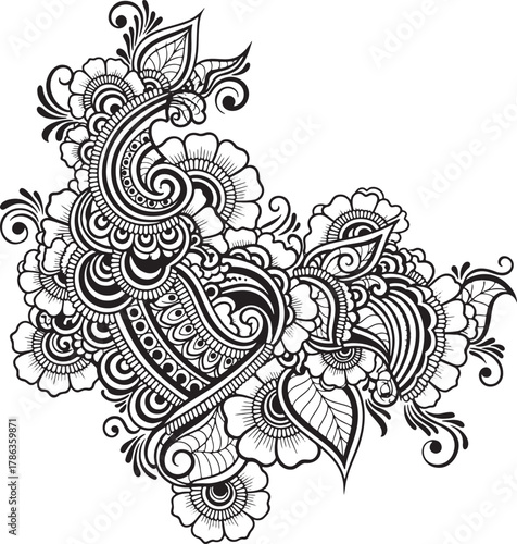 Ornate Mehndi and Paisley Design Element Line Art