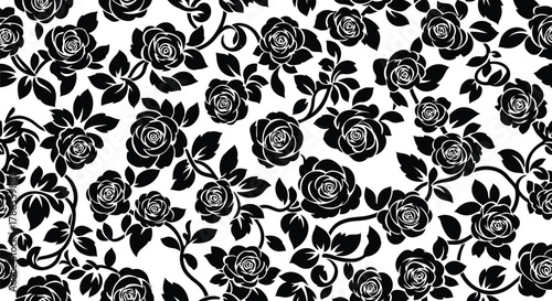 A black and white floral pattern features roses and swirling vines against a white background.