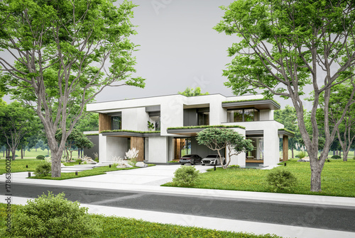 3d rendering of two-story house with parking and pool for sale or rent with concrete facade and beautiful landscaping. Cloudy white sky overcast, soft shadows
