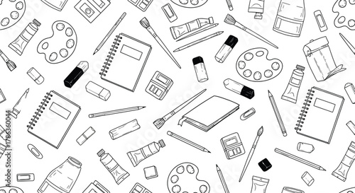 An assortment of art supplies, including paint tubes, brushes, and palettes, are scattered across a white background.