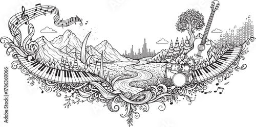 Landscape Melody: Detailed Nature Scene Framed by Piano Keys and Guitar