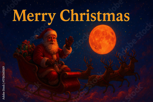 Magical Santa Claus Flying Across the Moonlit Sky with Reindeer – Merry Christmas Illustration