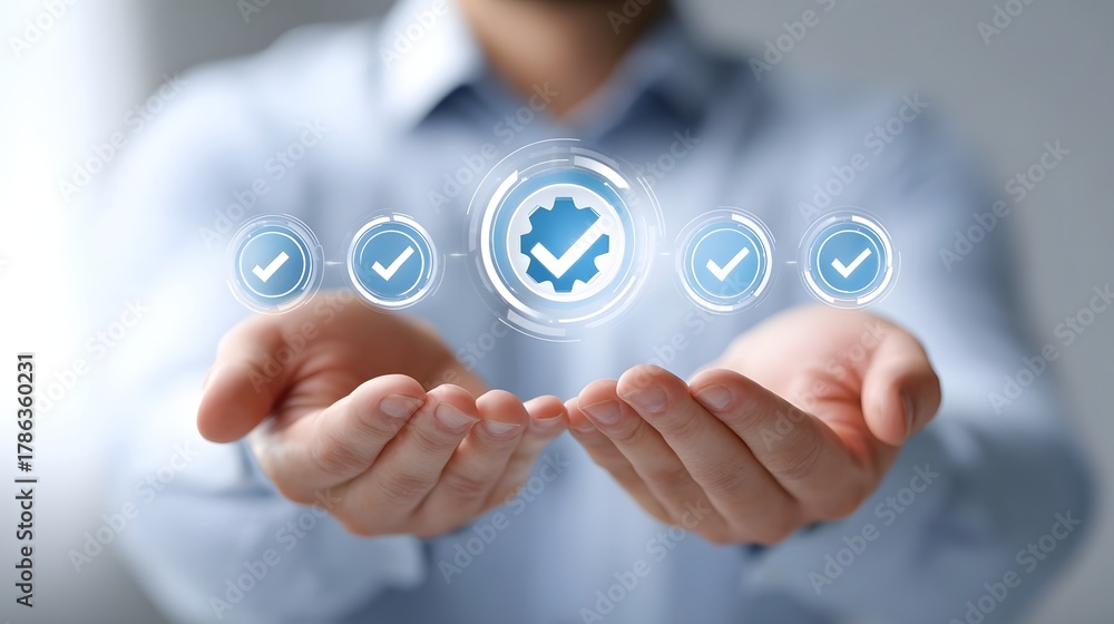 Obraz premium Conceptual business graphic showing a digital workflow for control and successful project completion featuring an approval checklist and gear icon held in hands symbolizing trust and verification