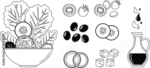 A fresh salad bowl with ingredients like lettuce, tomatoes, olives, and dressing is depicted.