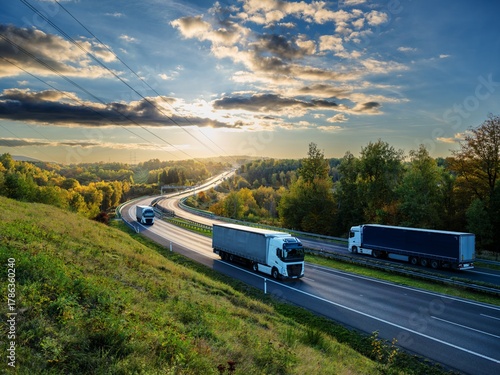 Three trucks driving on the highway winding through forested landscape in autumn colors at sunset
