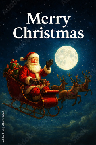 Magical Santa Claus Flying Across the Moonlit Sky with Reindeer – Merry Christmas Illustration