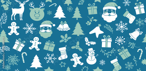 Festive Christmas Pattern Holiday Icons on Blue Background