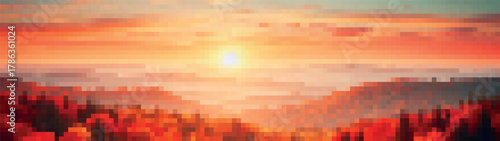 Pixel art vector of a glowing sunset over distant mountains, painted in warm orange, coral, and gold tones. Retro 8-bit landscape radiating peace, nostalgia, and cozy evening atmosphere for games 