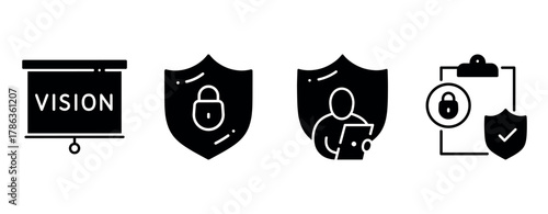 Vision presentation and cybersecurity icons: lock, shield, and person with laptop
