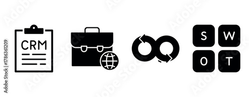 Crm integration business tools: briefcase, global network, agile workflow, swot analysis