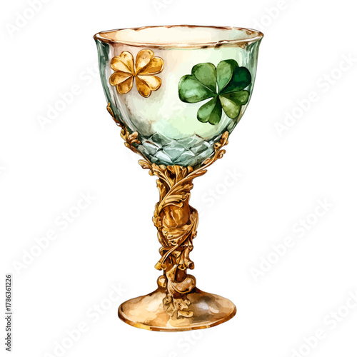 Watercolor Irish Shamrock Clover Gold Goblet Chalice Vector Clipart
