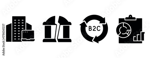 Business icon set: office building, broken pillar, b2c cycle, analytics chart