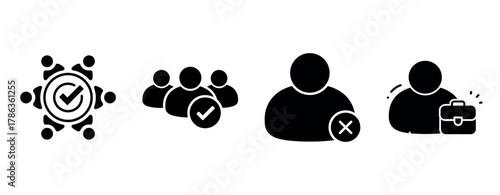 Simple black silhouettes depicting teamwork, approval, rejection, and professionalism concepts