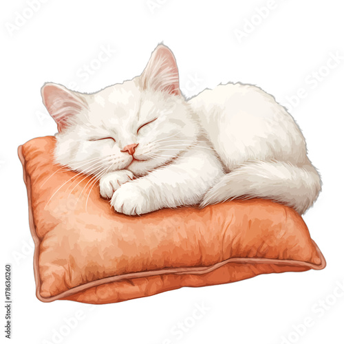 Watercolor White Kitten Cat Sleeping on Orange Pillow Vector Clipart

