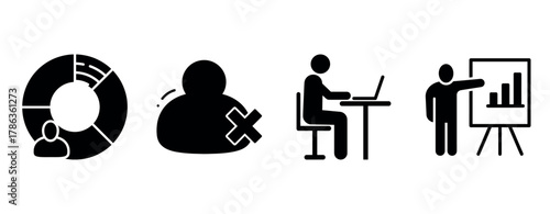 Black silhouette icons: pie chart, user removal, desk work, presentation