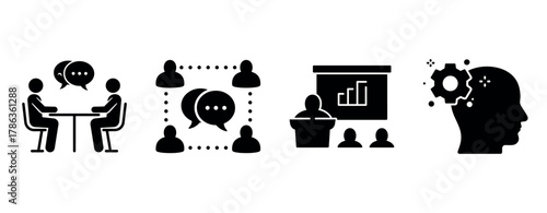 Icons of communication, presentation, teamwork, and innovation