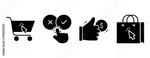 E-commerce icons: shopping cart, decision buttons, thumbs up, shopping bag