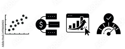 Data analysis and performance optimization icons: graph, financial flow, growth chart, speedometer