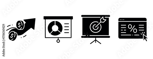 Financial growth and analytics icons: profit, charts, target, percentage
