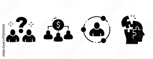 Business decision icons: teamwork, financial structure, networking, problem solving symbols