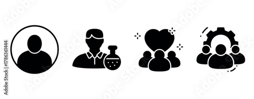 Set of black icons: user avatar, scientist, group care, team management