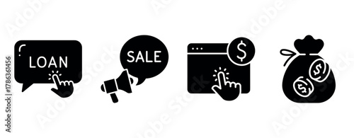 Black icons: loan, sale, online payment, money bag, dollar symbols