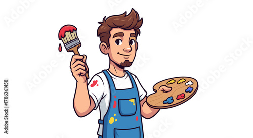 Happy Artist Holding Paintbrush and Palette Ready to Create Art Isolated on Transparent Background Vector Illustration
