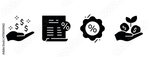 Financial growth and percentage icons: hand with coins, bill, seal, and plant symbols