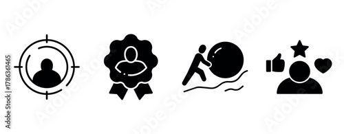 Achievement icons: target, award, effort, satisfaction symbols in black and white