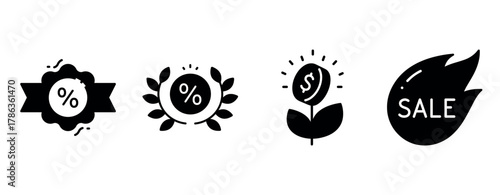 Discount symbols: percent and dollar icons for sales and promotions