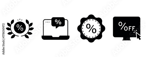 Black and white discount icons: percentage, laptop, badge, monitor