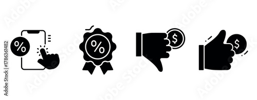 Discounts and rewards icons: mobile coupon, badge, thumbs up and down, coin symbols